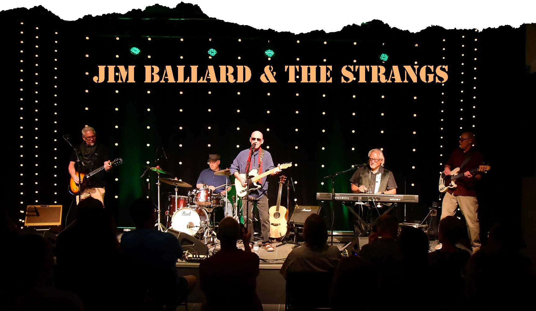 Jim Ballard and the Strangs (band members) on stage: Wes McCraw on guitar, Joe Lang on drums, Tim Longfellow on keyboard, Bill Watson on bass.